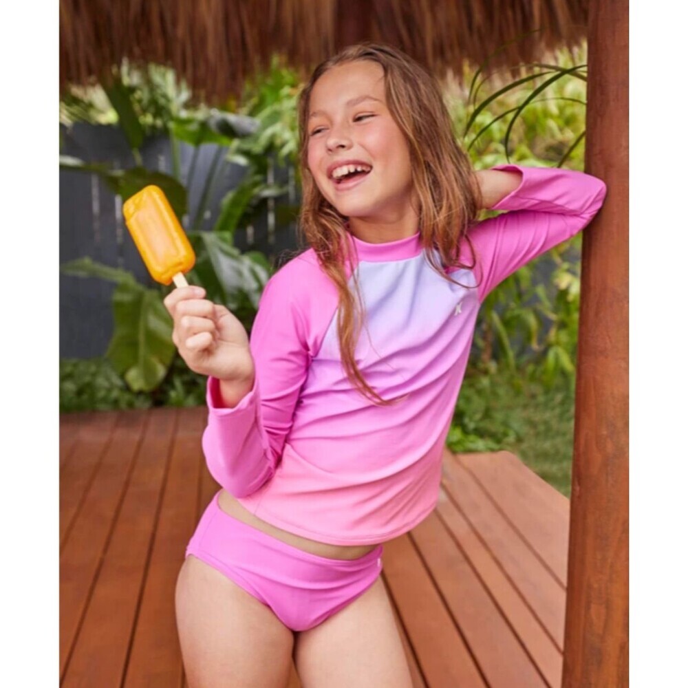Hurley Girls Long Sleeve Rash Guard 2-Piece Swimsuit Pink Sz 14 NWT - Picture 3 of 9